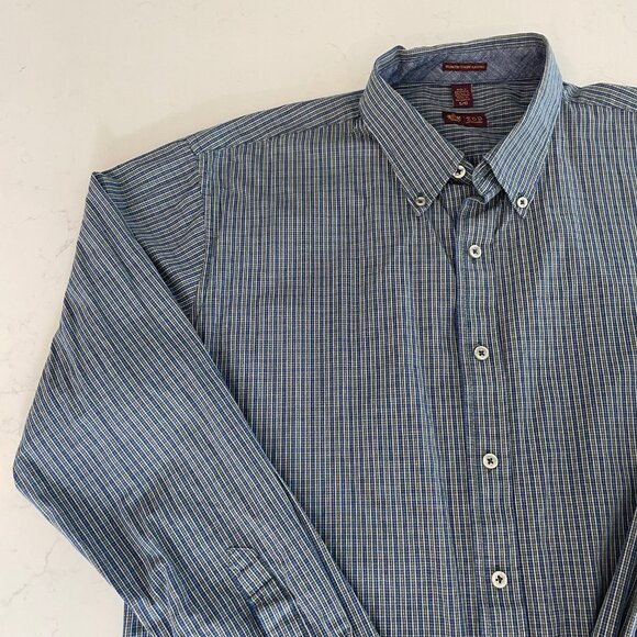 Izod Slim Fit Casual Button Down Lg Slv Check Cotton Shirt Navy + Green Sz L - Picture 4 of 12